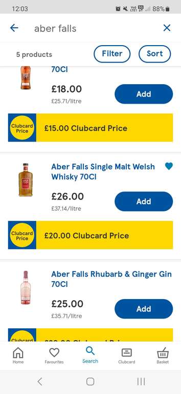 Aber Falls Welsh Single Malt Whisky (70cl) £20 (Clubcard Price) @ Tesco