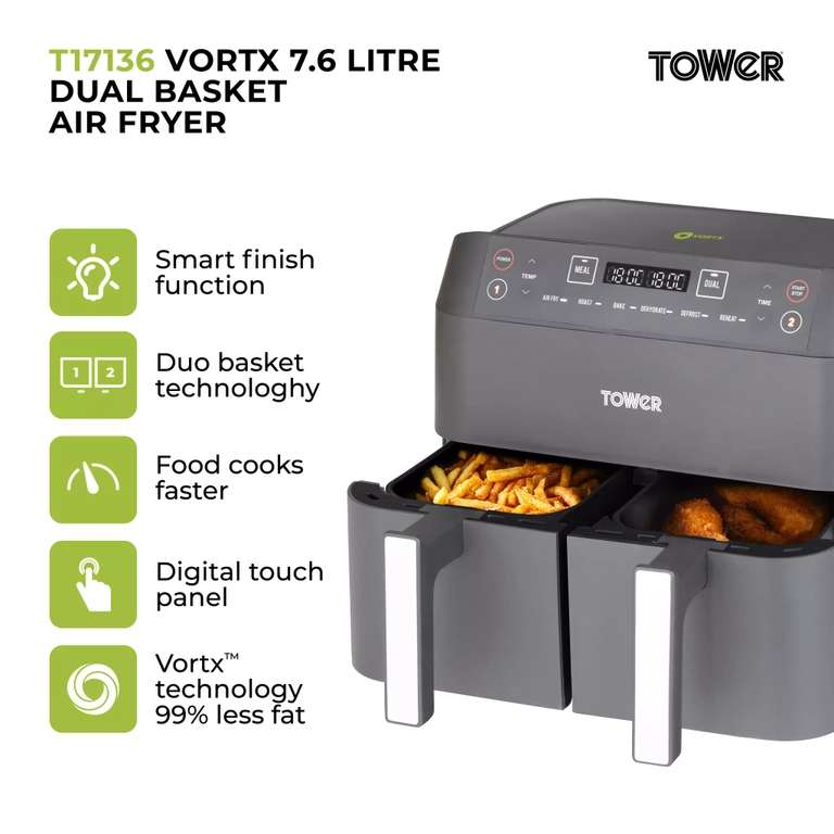 Tower Vortx Dual Basket Air Fryer 8L - Black