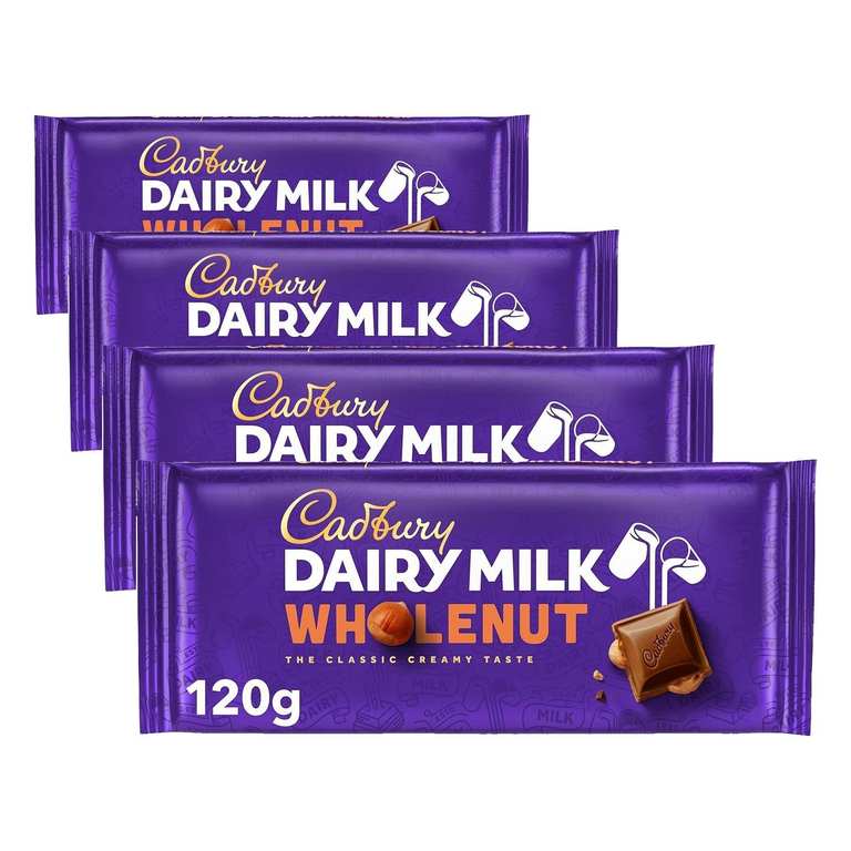 4 x Cadbury Dairy Milk Whole Nut Bar, Whole Hazelnuts in Creamy Milk Chocolate, 120g Bar (£5.06 with s&s)