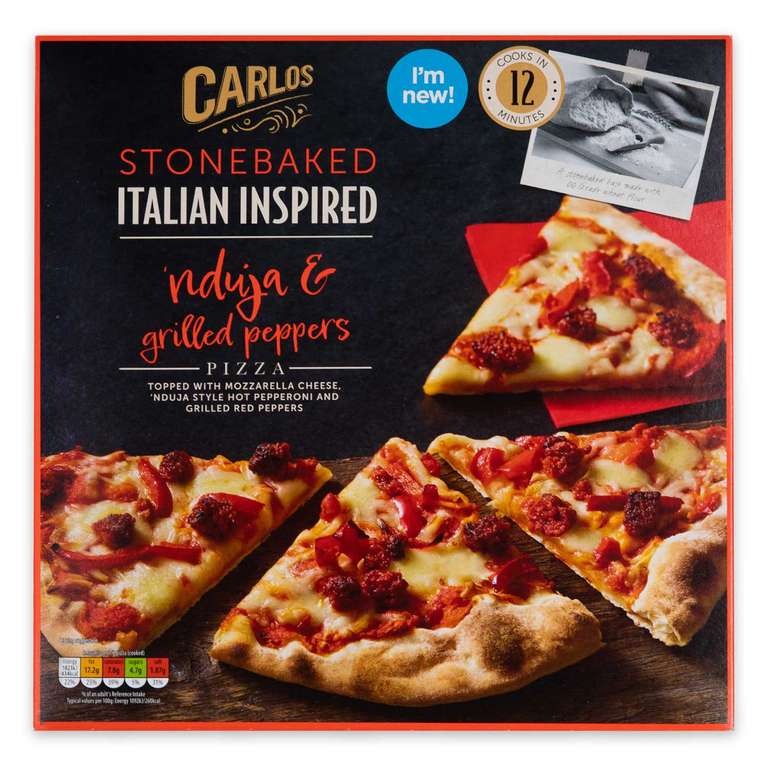 (Carlos Premium Italian Inspired Stonebaked Pizza) - 8 Cheese 381g / Nduja & Grilled Peppers 366g / Pepperoni & Honey 321g Each