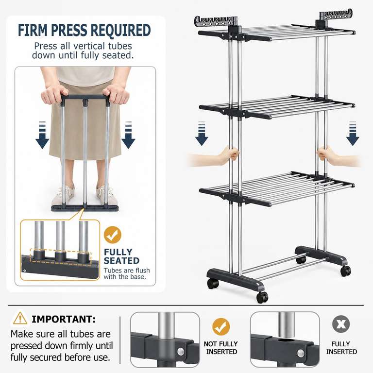 Extra Large 4-Tier Clothes Airer with Wheels, Foldable Clothes Drying ...