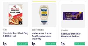 1p deals includes Cadbury Hazlenut praline 85g/ Dorset Cereals Porridge / 250ml Hellmann’s Mayonnaise / Robinsons Cordial. Min £30 order