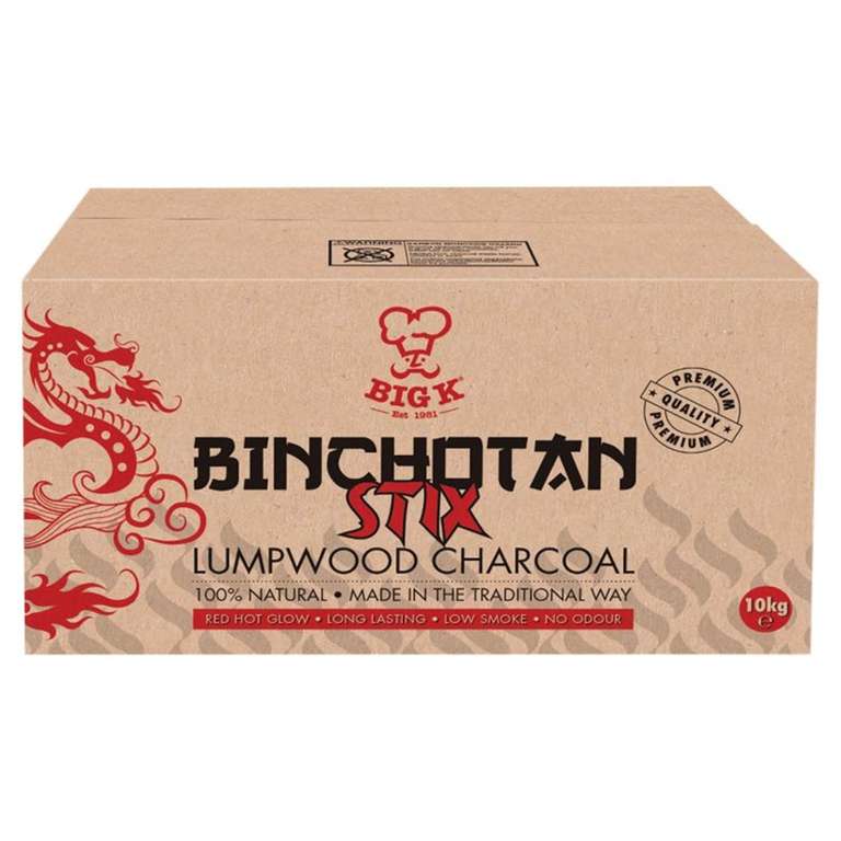 Big K Binchotan Charcoal Stix 10kg / Big K Restaurant Grade BBQ Briquettes 10kg £9.50 Buy One get One Half Price (Minimum Order £40)