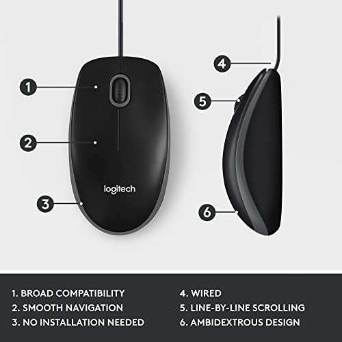 Logitech M100 Wired USB Mouse 3 Buttons 1000 DPI Optical Tracking, For left and right handed users, Compatible with PC, Mac, Laptop - Black
