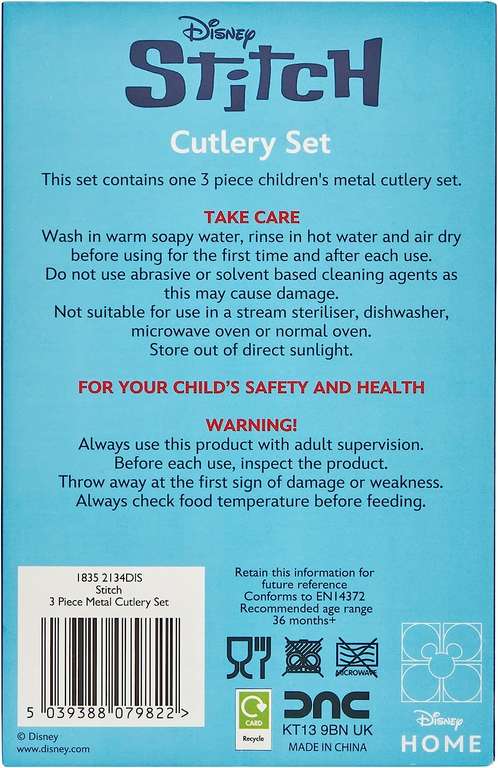 Stitch 3 Piece Cutlery Set – Metal, Reusable Children's Knife, Fork & Spoon