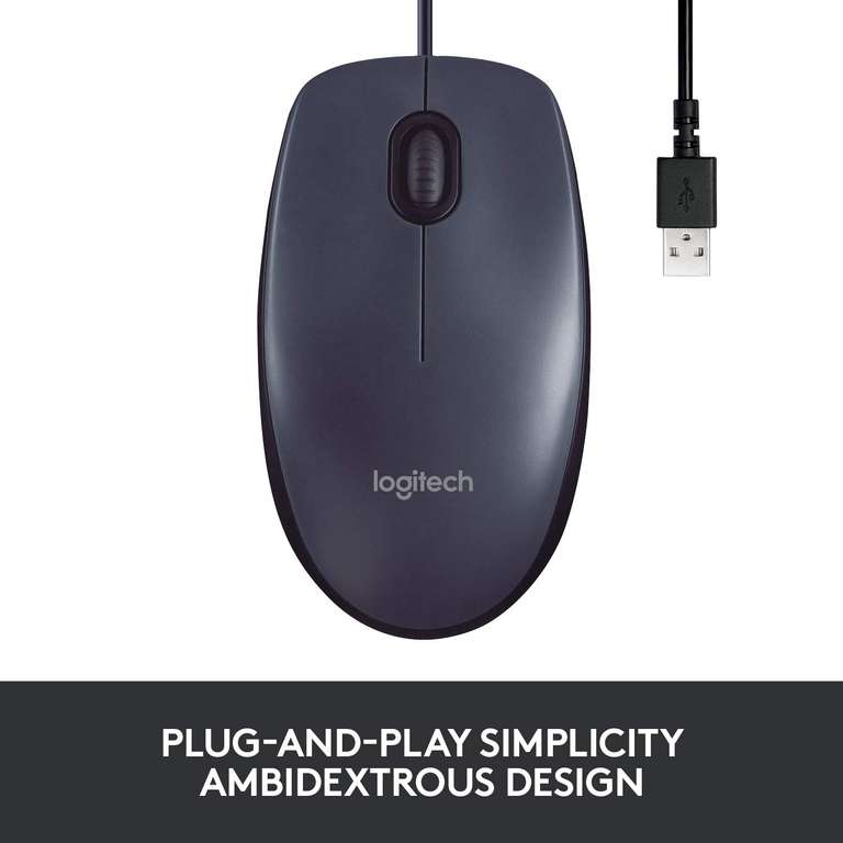 Logitech B100 Wired USB Mouse, 3-Buttons, Optical Tracking, Ambidextrous PC / Mac / Laptop - Black