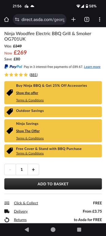 Ninja Woodfire Electric BBQ Grill & Smoker with Stand & Cover - Free C&C