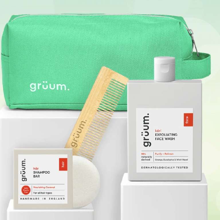 Washbag + 2 Grüum full sized Skin & Hair Care products - just pay postage £3.95