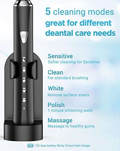 Electric Sonic Toothbrush Rechargeable for Adults with 5 Modes & 6 Replacement Head £9.99 (Black / Pink / White) @ Amazon