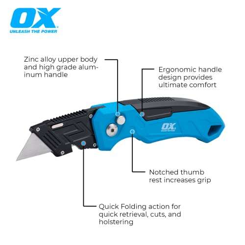 OX Tools P224301 Pro Heavy Duty Fixed Blade Folding Knife, Blue / Black