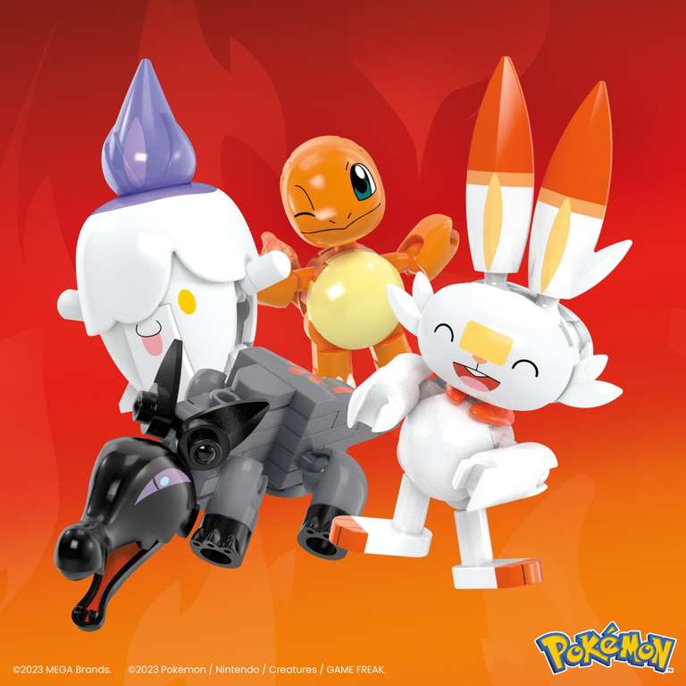 MEGA Pokémon Action Figure Building Toys 4-Pack, Fire-Type Trainer Team with 105 Pieces, Salandit Litwick Charmander Scorbunny