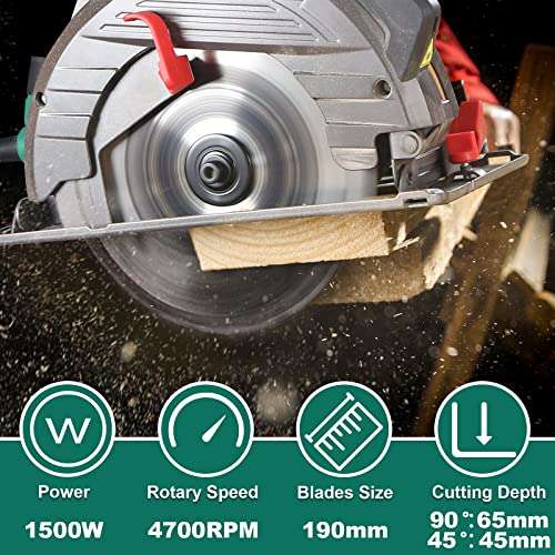 Circular Saw, 1500W HYCHIKA Electric Saw with Speed 4700RPM, Laser Guide, 24T/40T Blades(190mm) - £38.98 @ Amazon