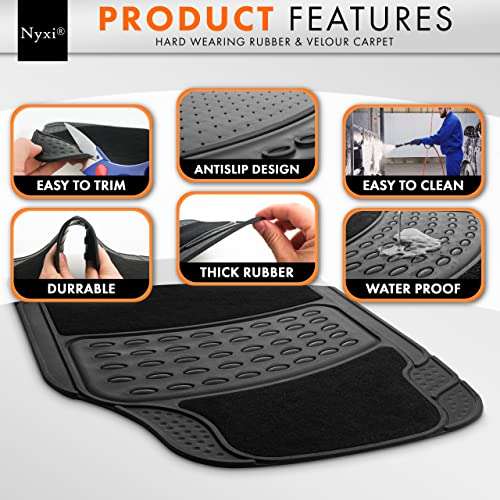 Nyxi 4 Piece Rubber Car Mat and Carpet ( Front + Rear ), Universal Non-Slip Heavy Duty - £13.50 Dispatched and Sold by Nyxi-ltd @ Amazon