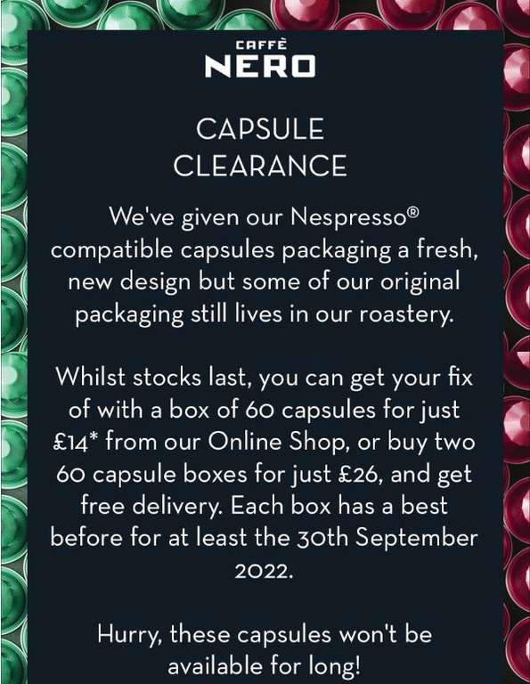 Caffe Nero online Nespresso capsule clearance - 60 capsules for £14, 120 capsules for £26 (with free delivery)