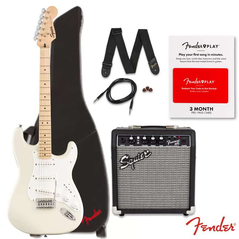 Squier Stratocaster Bundle - Guitar, 10G Amp, Strap, Picks, Cable & 3 Months Fender Play Subscription