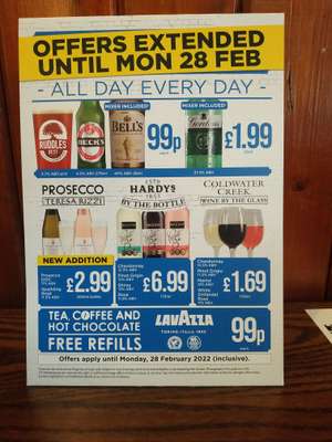 Selected drinks on offer e.g. Becks 275ml 99p, Prosecco 200ml £2.99 @ Wetherspoons