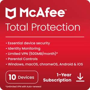McAfee Total Protection 2023 | 10 Devices | Antivirus Internet Security Software | VPN, Password Manager | 1 Year £17.99 @ Amazon
