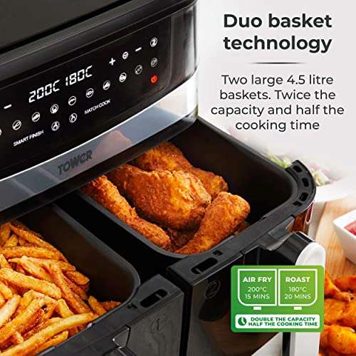 Tower T17088 Vortx 9L Dual / Double Basket Air Fryer with 10 One-Touch Presets, 1800W Power (3 Yr Warranty) - £139.99 Delivered @ Amazon