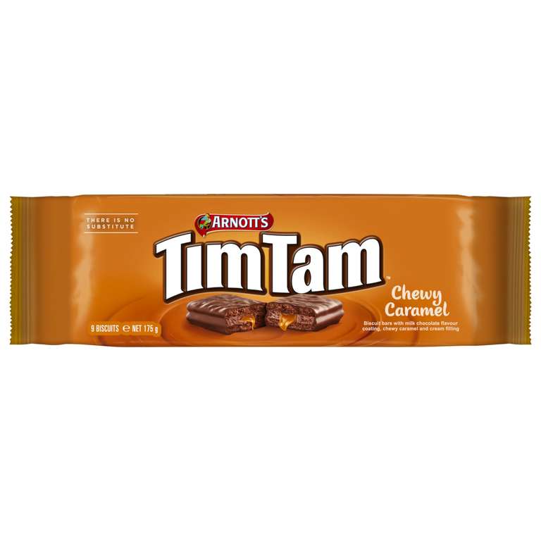 Arnott’s Tim Tam Biscuits Bars with Milk Chocolate Flavour Coating, Chewy Caramel 175g