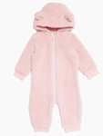 Baby girl pink hooded romper sizes 3 - 24 mths. Blue also available. With code