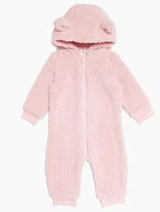 Baby girl pink hooded romper sizes 3 - 24 mths. Blue also available. With code