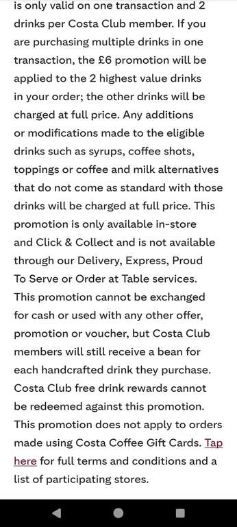 2 drinks for £6 for Costa Club Members (selected drinks)