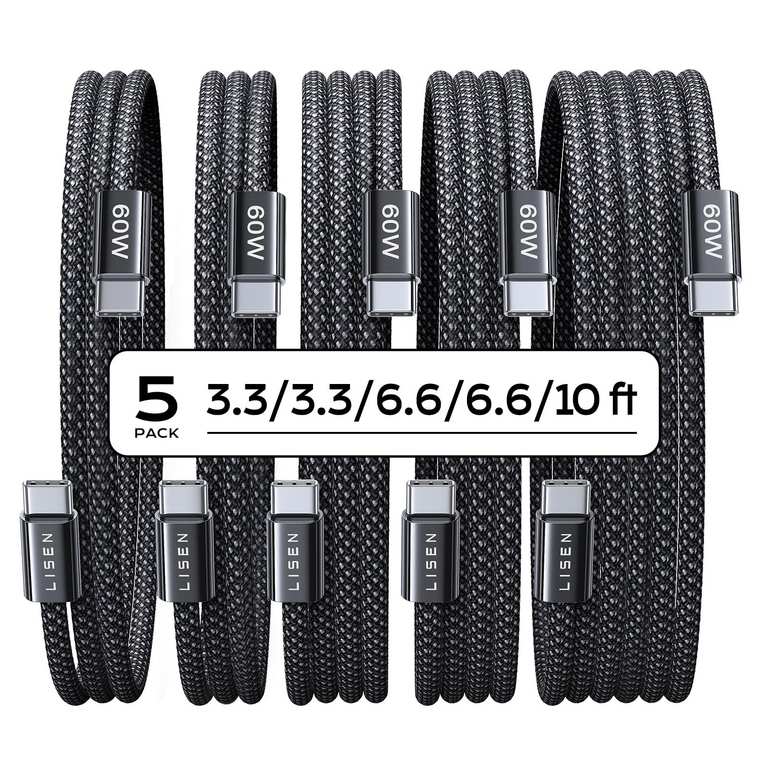 LISEN 5 Pack USB-C 60W Cables [3.3/3.3/6.6/6.6/10FT] With Code - £7.34 No Rush Delivery B King FBA