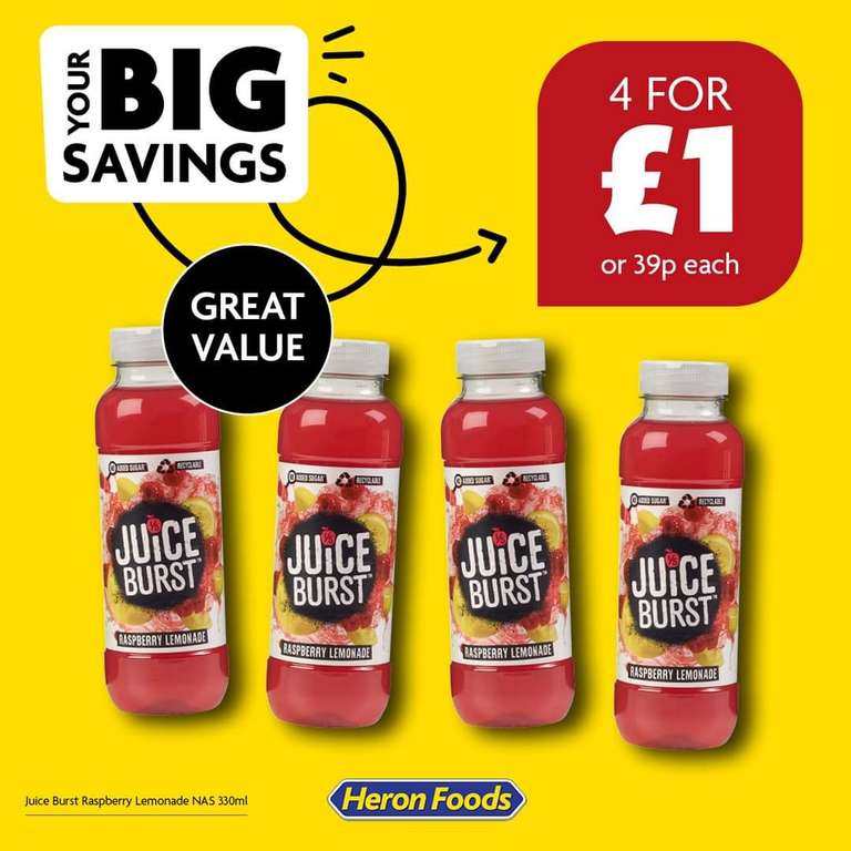 4 For £1 - Juice Burst Raspberry Lemonade 330ml Bottles