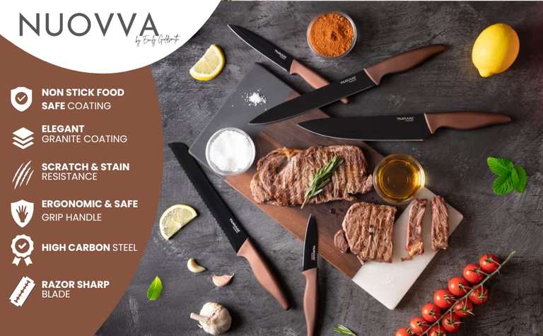nuovva 5pcs Kitchen Knife Set – 9 Colour Variations Black Non Stick Blades Sold by MALMO FBA