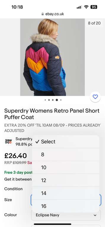 Superdry Womens Retro Panel Short Puffer Coat size 8 to 16 green & navy - Sold by Superdry