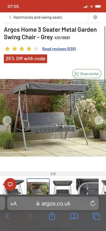 Argos Home 3 Seater Metal Garden Swing Chair - Grey £60 collected with code at Argos