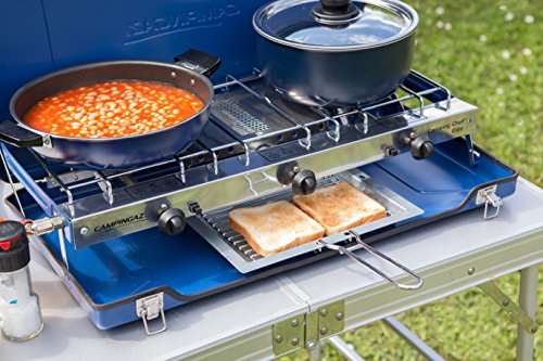 Campingaz Chef Folding Double Burner Stove and Grill, compact gas cooker for camping or festivals, Blue