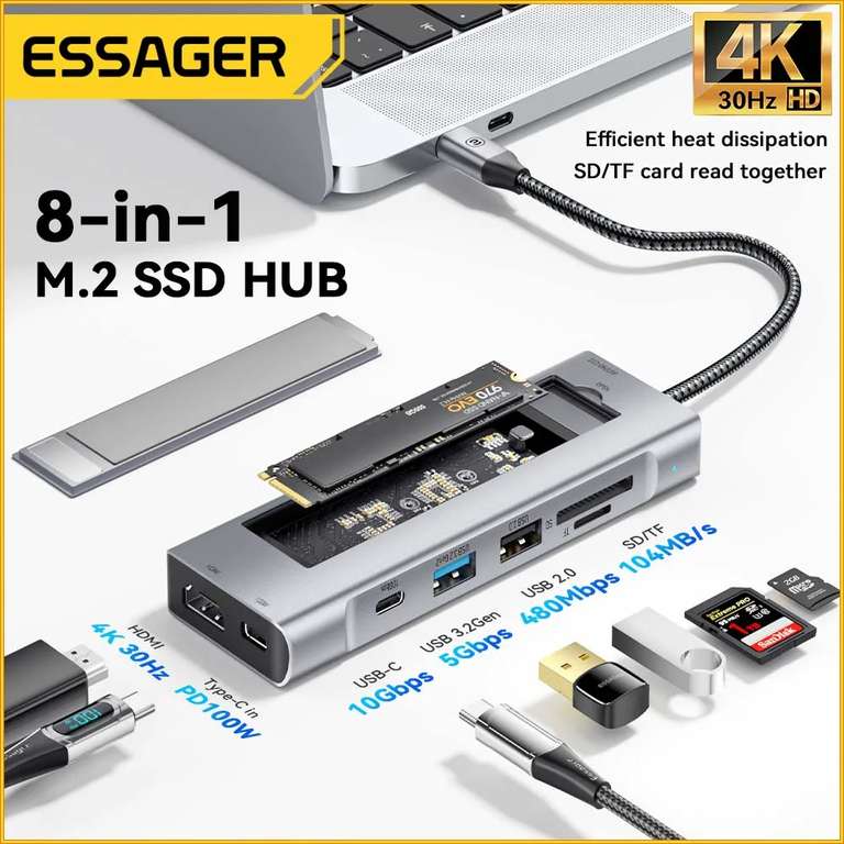 Essager 8-in-1 USB Hub Disk Storage Function 10Gbps/100W Power Delivery, using code @ ESSAGER Choice Store