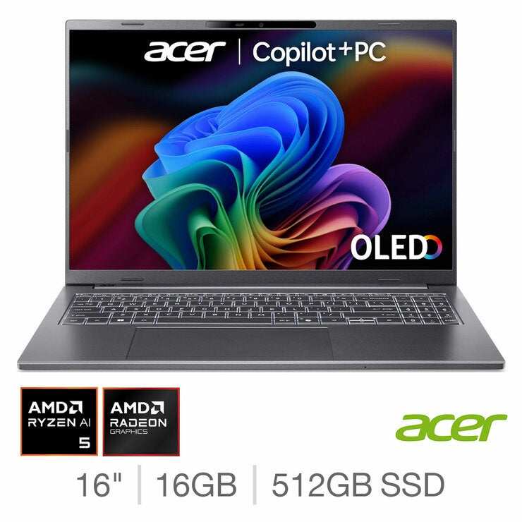 Acer Aspire 16 AI, Copilot+ PC, AMD Ryzen AI 5, 16GB RAM, 512GB SSD, 16 Inch OLED Laptop, 2 Year Warranty