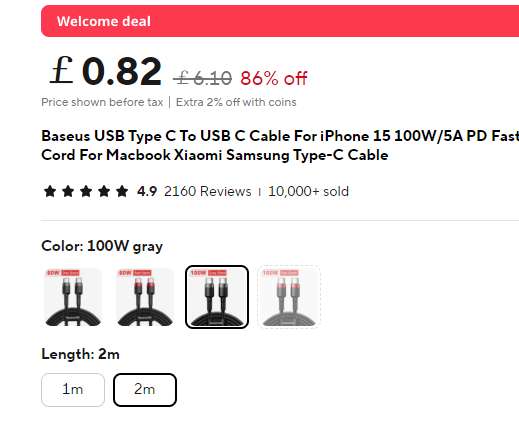 Baseus 2m USB Type C To USB C Cable For 100W/5A PD Fast Charging (New customer price) // Existing - £6.05) Shop5370096 Store