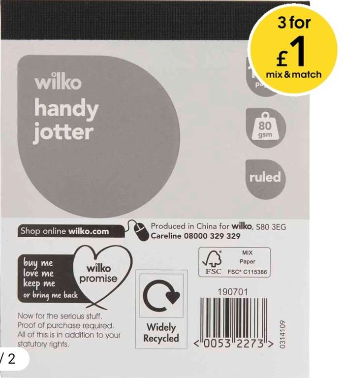 Wilko Handy Jotter 100 pages 80gsm 50p - 3 for £1 with Free Collection @ Wilko
