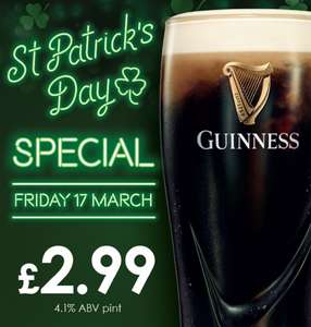 Pint of Guinness £2.99 in Wetherspoons on St Patrick's day