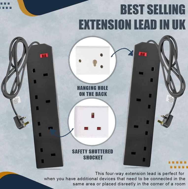 K-Mart 2m 4 Gang Extension Lead UK Pin Plug and Cable (Black, Pack of 2) - W/Voucher