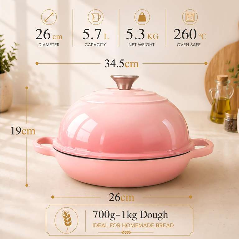 AHJ Dutch Oven for Sourdough Bread Baking 26cm/5.7L Enamelled Cast Iron ...