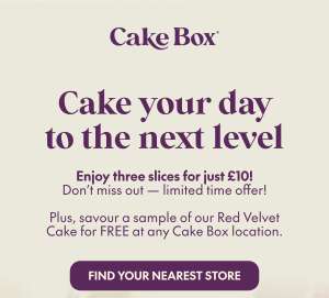 3 slices for £10 +sample Red Velvet cake for free - (National) c&c 1 hour