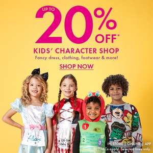 Up to 20% off Kids character shop e.g. Kids Marvel Red & Blue Spider-Man Fancy Dress Costume