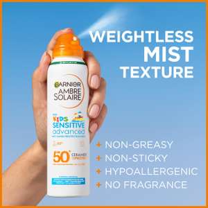Garnier Ambre Solaire SPF 50+ Kids Anti-Sand Mist, Sun Protection Spray, Non-Greasy Fast-Absorbing, Water & Sand-Resistant 150 ml