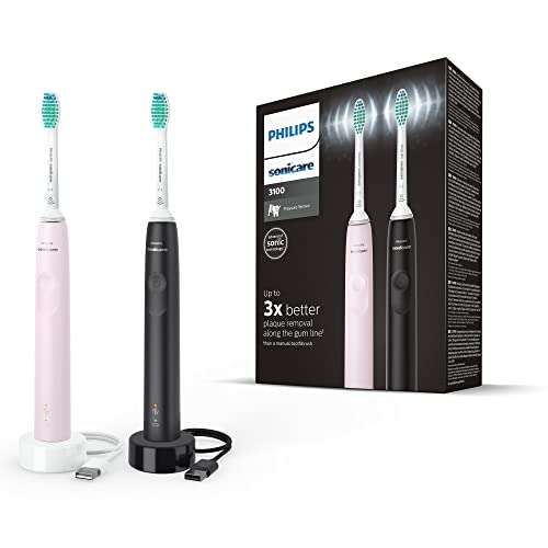 Twin pack (Pink and black) Sonicare toothbrushes (3100 series hx3675) £51.04 @ Amazon France