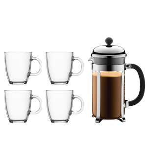 Bodum Chambord cafetiere coffee maker 8 cup 1.0L and four 350ml tempered glass coffee mugs for £27.15 delivered