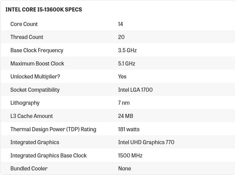 Intel Core i5-13600K Desktop Processor 14 cores (6 P-cores + 8 E-cores) 24MB Cache, up to 5.1 GHz - £319.99 @ Amazon