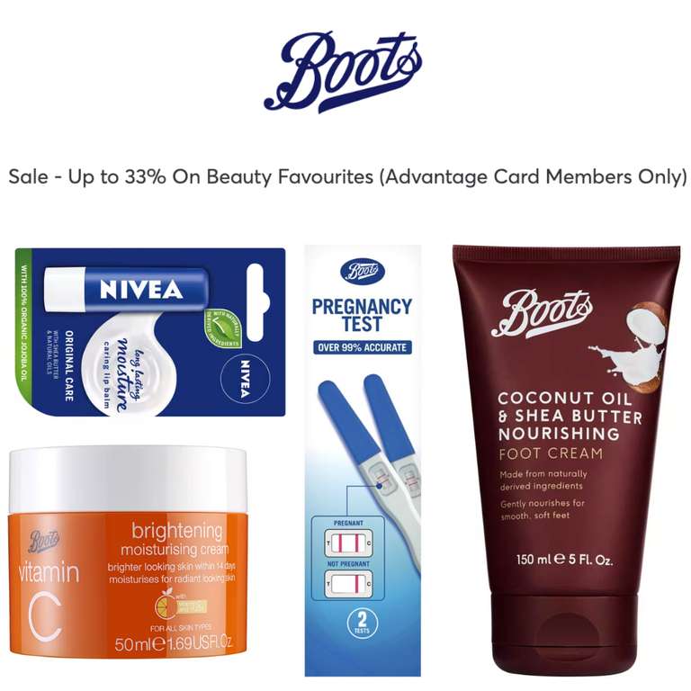 Sale - Up to 33% On Beauty Favourites (Advantage Card Members Only) + Free Click & Collect Over £15 - @ Boots