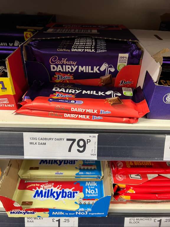 Cadbury Dairy Milk Daim Chocolate Bar 120G for 69p @ Farmfoods Sunbury