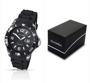 Sekonda Mens 44 mm Black Analogue Watch Magnified Date Bubble and Silicone Strap Water Resistant 50m with 2 Years Warranty
