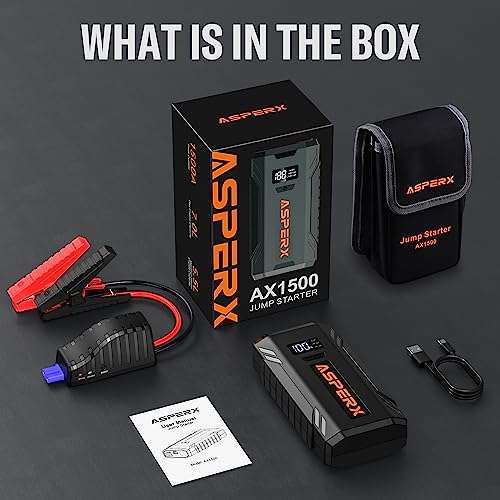 AsperX 1500A Car Battery Booster Jump pack with Jump Leads, LED Flashlight & 1.4 INCH LCD Display - £39.99 with code @ JIAHONGJING / Amazon