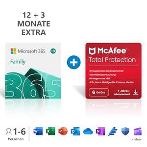 Microsoft 365 Family 12+3 months subscription | 6 users | Multiple PCs/Macs | Download Code + McAfee Total Protection